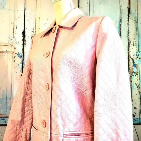 Vintage Pamela McCoy Pink Classic Quilted Leather Coat Size S Lined 2 Pockets - Picture 6 of 10